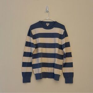 J. Crew Men's Blue and Cream Striped Crewneck Sweater